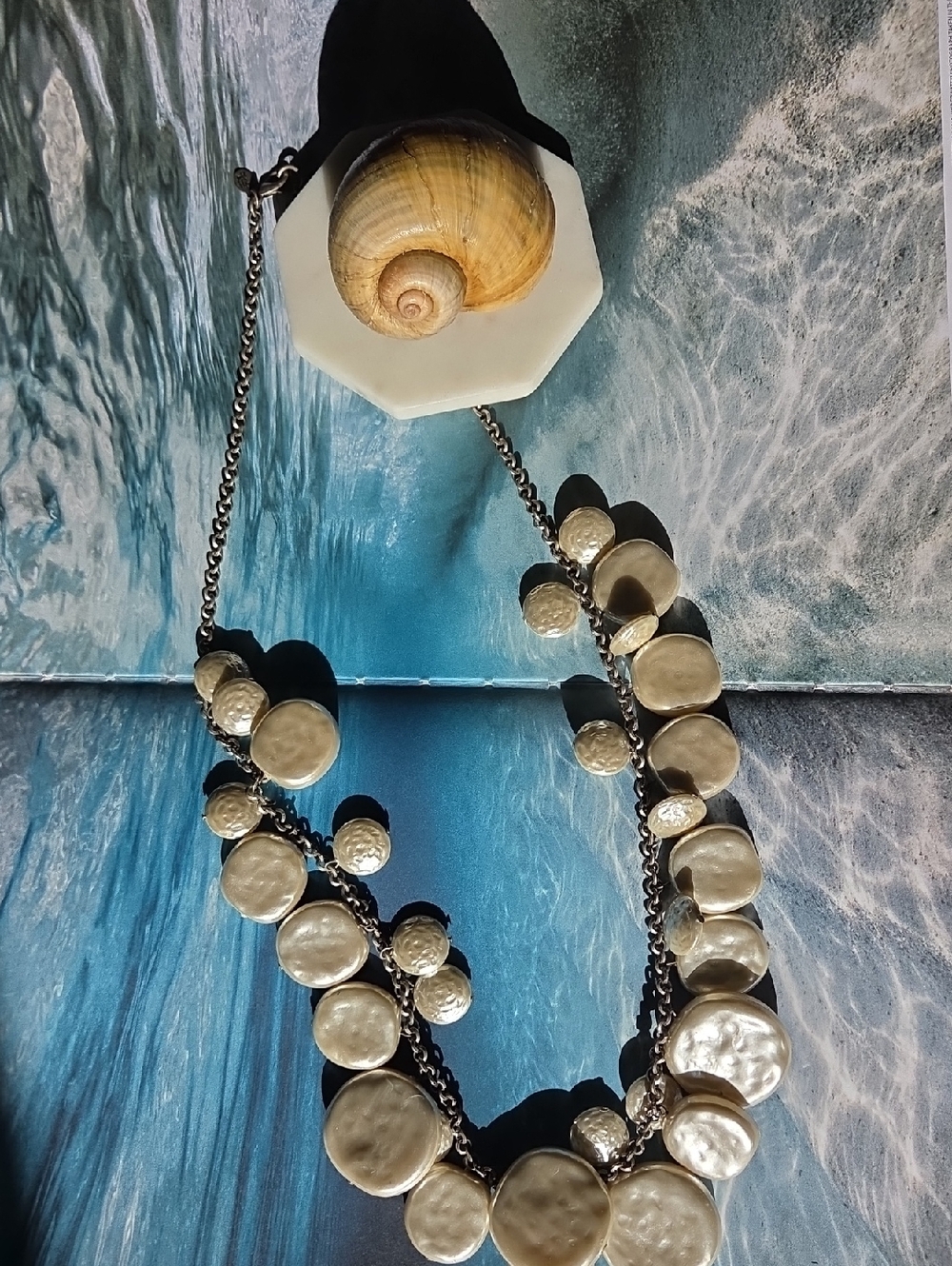 Club Monaco Silver Tone Faux Mother Of Pearl Disc Statement Necklace.